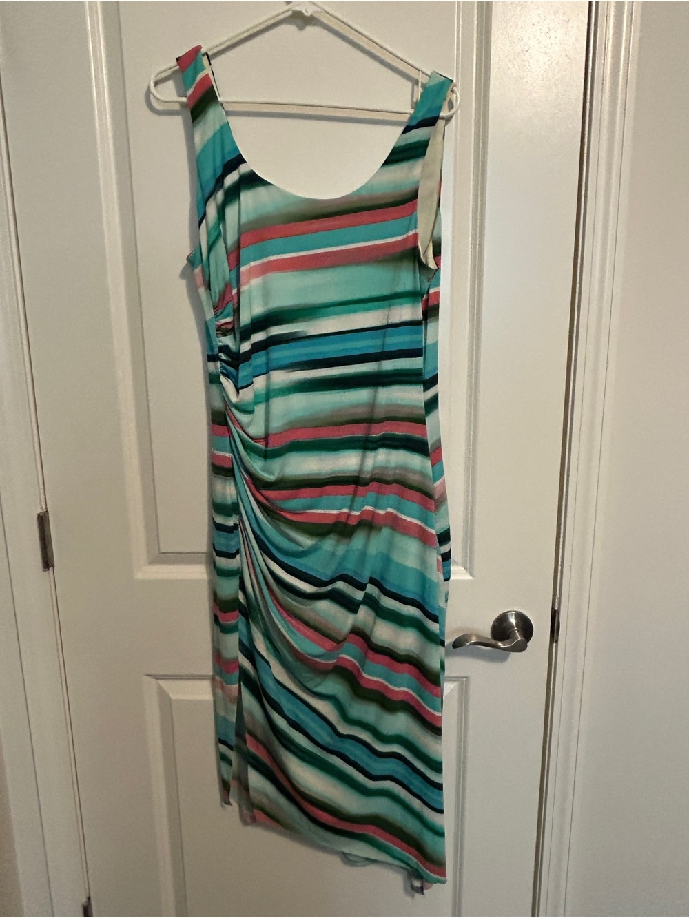 London Times Striped Sleeveless Midi Dress in Aqua, Teal and Pink